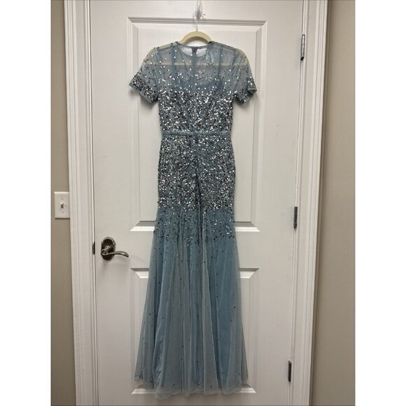 MAC DUGGAL Size 2 Slate Blue HIGH NECK SHORT SLEEVE SEQUIN EMBELLISHED DRESS - Picture 7 of 10